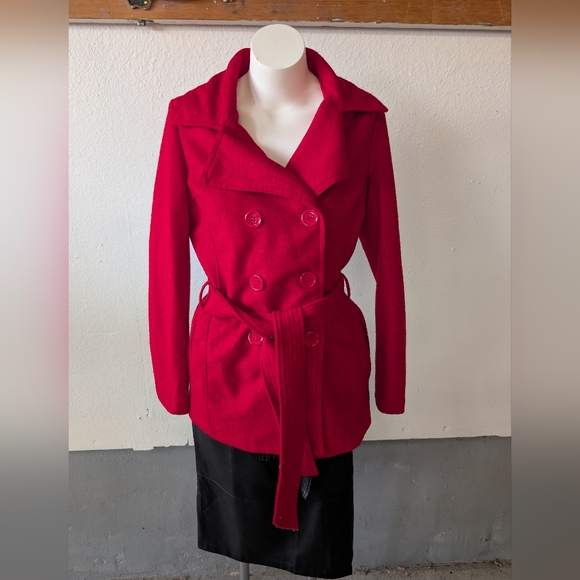 Coat Women's Red Double-Breasted Belted Coat Sz L - Picture 1 of 5